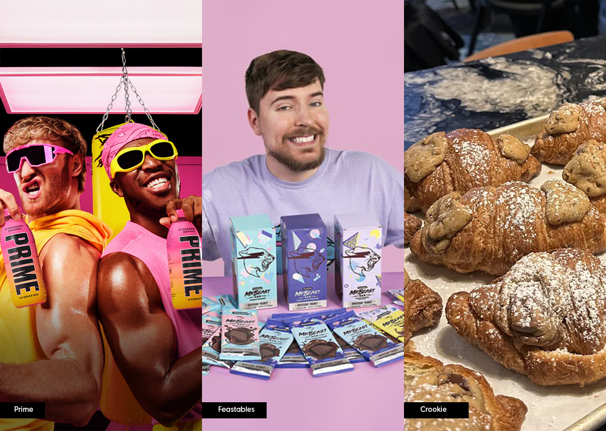 Collage featuring three images: On the left, two men in vibrant sports attire holding 'Prime' drinks. In the middle, a smiling man with 'Feastables' snack bars. On the right, a tray of 'Crookie' pastries, croissants topped with cookies.
