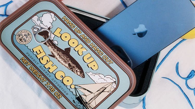 A vintage-style tin labeled "LOOK UP FISH CO." holds a blue smartphone, promoting "Hang Up and Hang Out."
