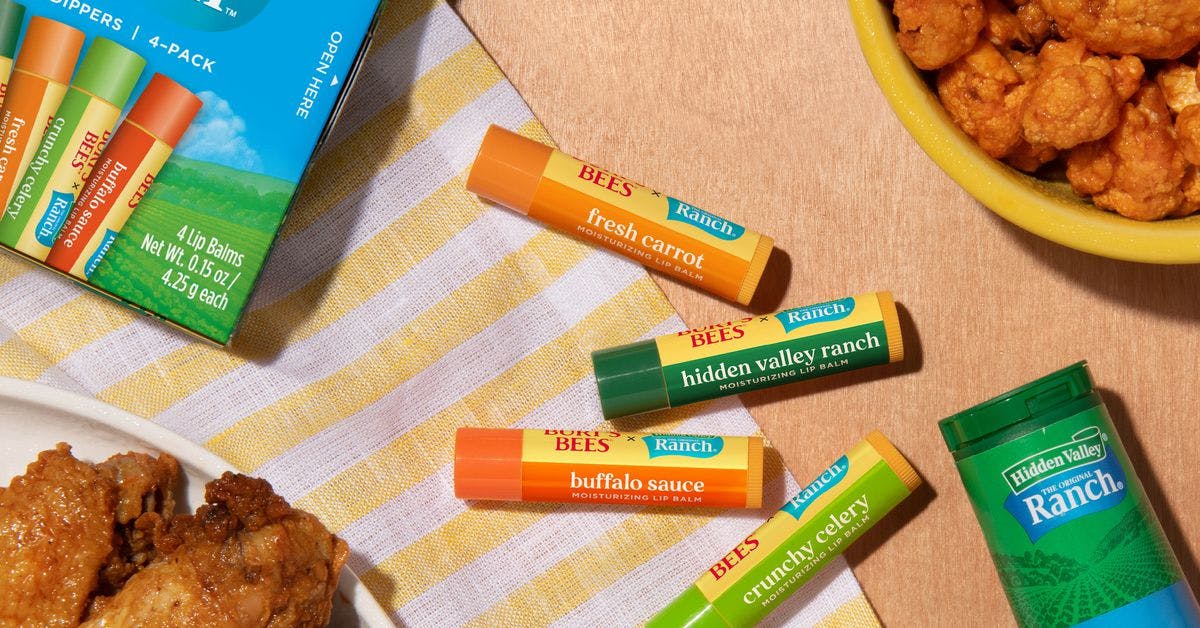 Promotional image of Burt's Bees and Hidden Valley Ranch lip balms.